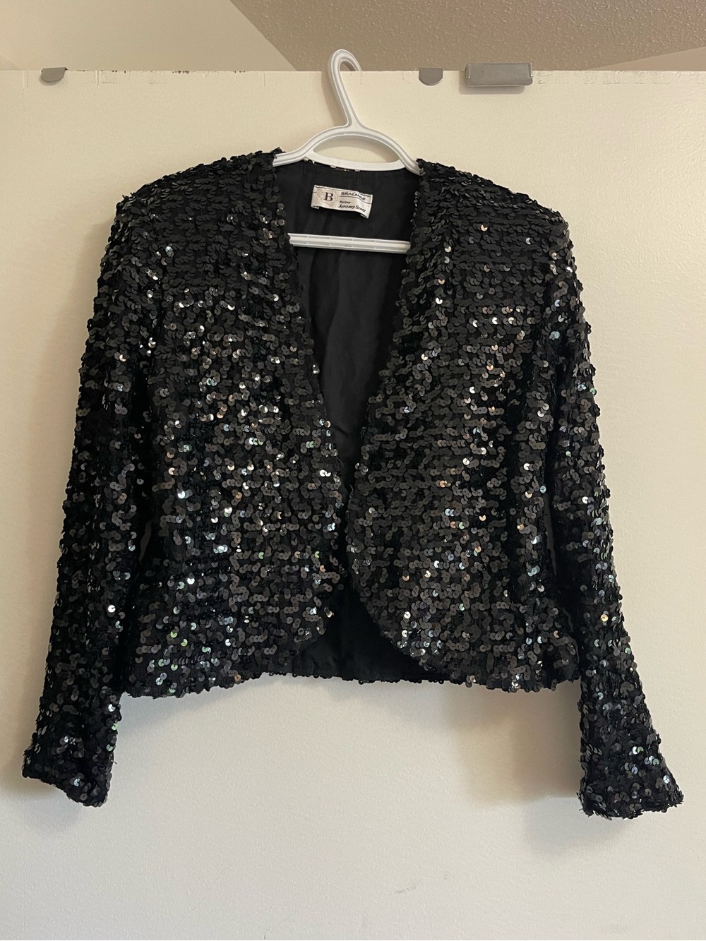 Vintage Chic Black Sequin Open-Front Jacket - Women's Evening Coat